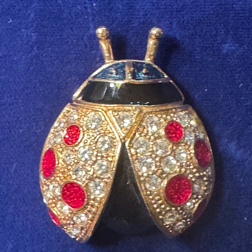 Joan Rivers Vintage Ladybug Brooch Gold Tone Crystal Red Enamel Pin